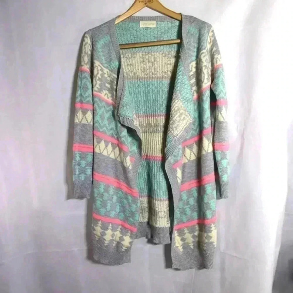Limelush Cool Sweater Pink Gray Blue White sz S/M Open Front - Picture 2 of 6